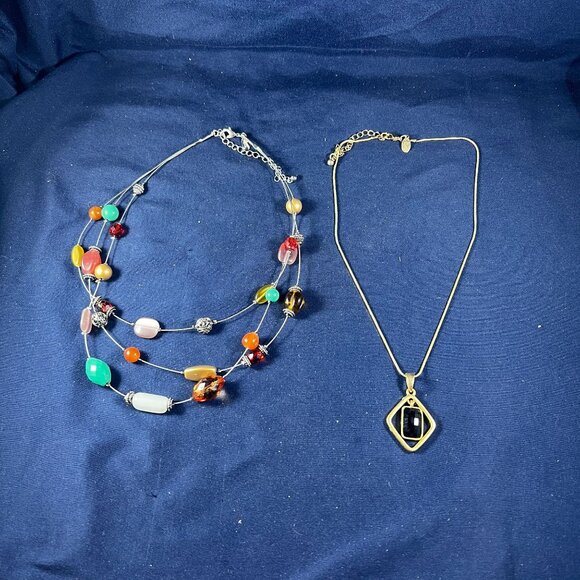 Lia Sophia Jewelry - Lia Sophia Double Necklace Set With Multicolor Beads & Black Gem Pendant Gold Ch